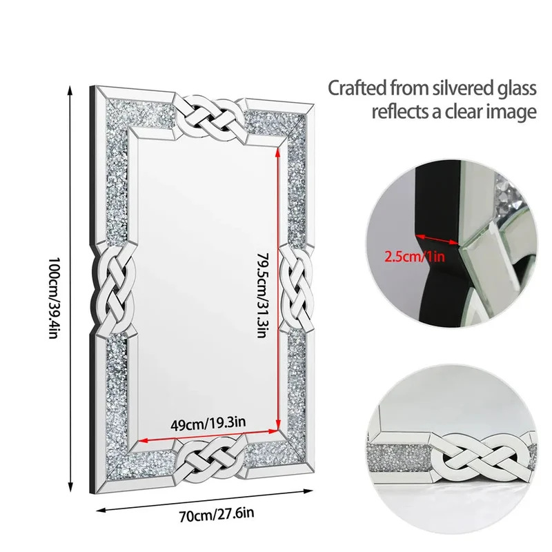 Wandspiegel – Muurspiegel – Rechthoekige Spiegel – Grote Spiegel – Crushed Diamond Inlay – Zilverglas Reflectie – Flexibele Ophanging - 100x70cm