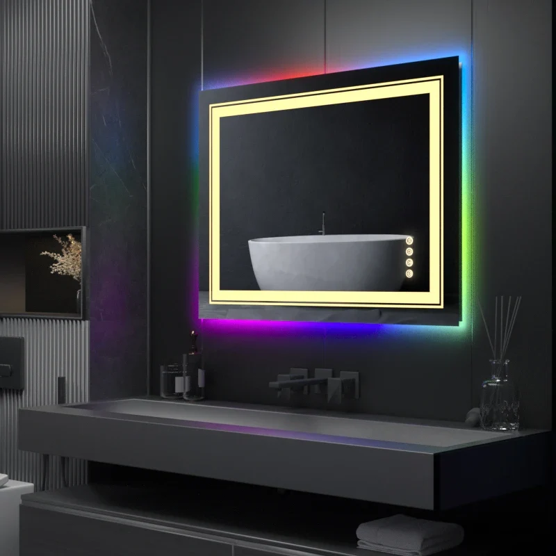 Badkamerspiegel – Verlichte Spiegel – Anti-Fog Spiegel – Touchsensor Spiegel – RGB Achtergrondverlichting – Wasserbestendig IP44 – Aluminium Frame - 70x90cm