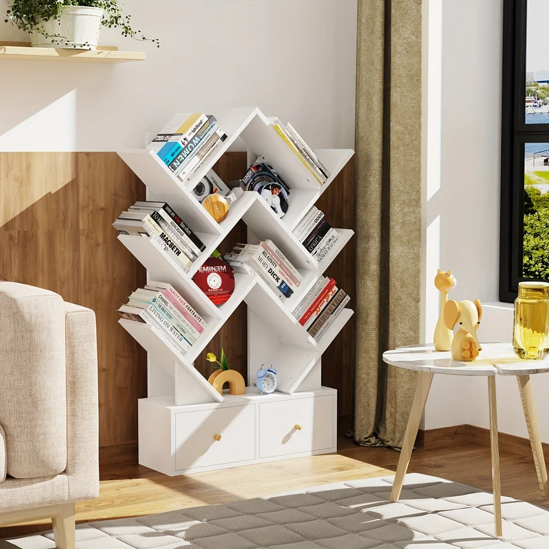 Tree-Shaped Bookcase, Standing Shelf With 2 Drawers, Tall Bookcase With Drawer, Wood Book Shelf, Modern Floor Standing Bookshelves, DVD/CD Storage Rack For Home Office, Living Room 60x20x100cm White