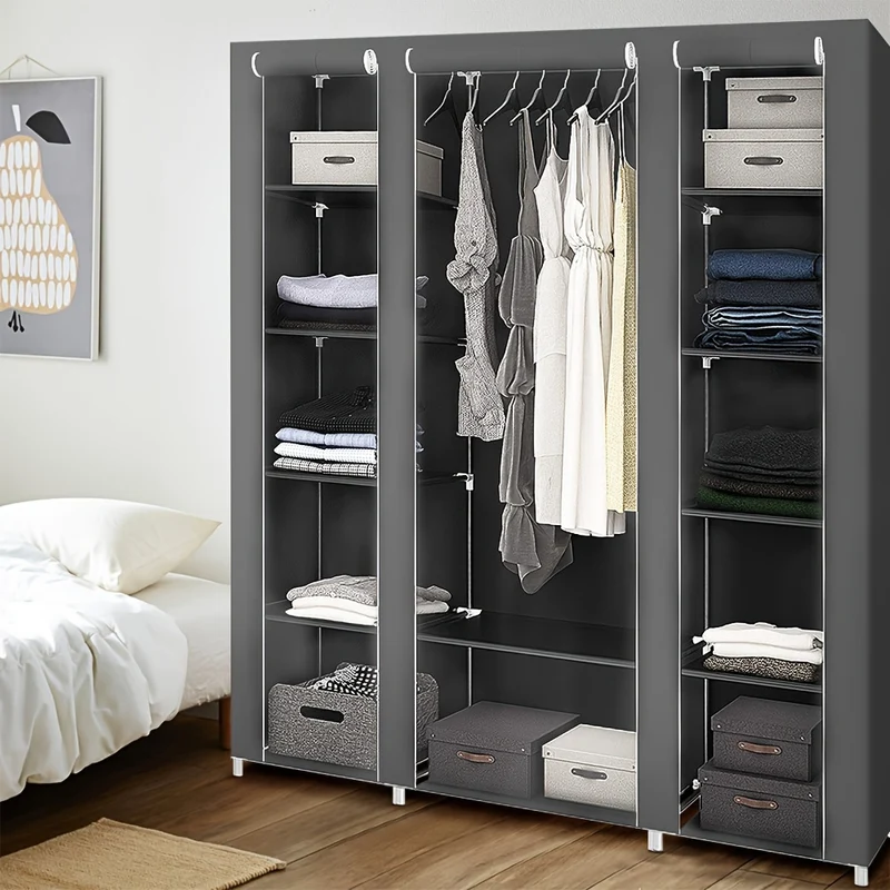 Fabric Wardrobe, Portable Bedroom Wardrobe, Space-Saving Wardrobe With 12 Open Shelves, 1 Hanging Rail, For Bedroom, Living Room 172x134x43cm Grey