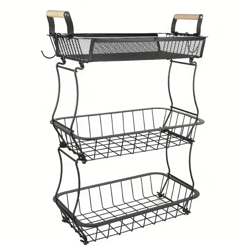 3-Tier Black Carbon Steel Storage Basket with Wooden Handles - Multi-Purpose Organizer for Kitchen, Bathroom, Living Room & Under Sink | Durable, Space-Saving Design (37x22x55cm), Shelf Baskets