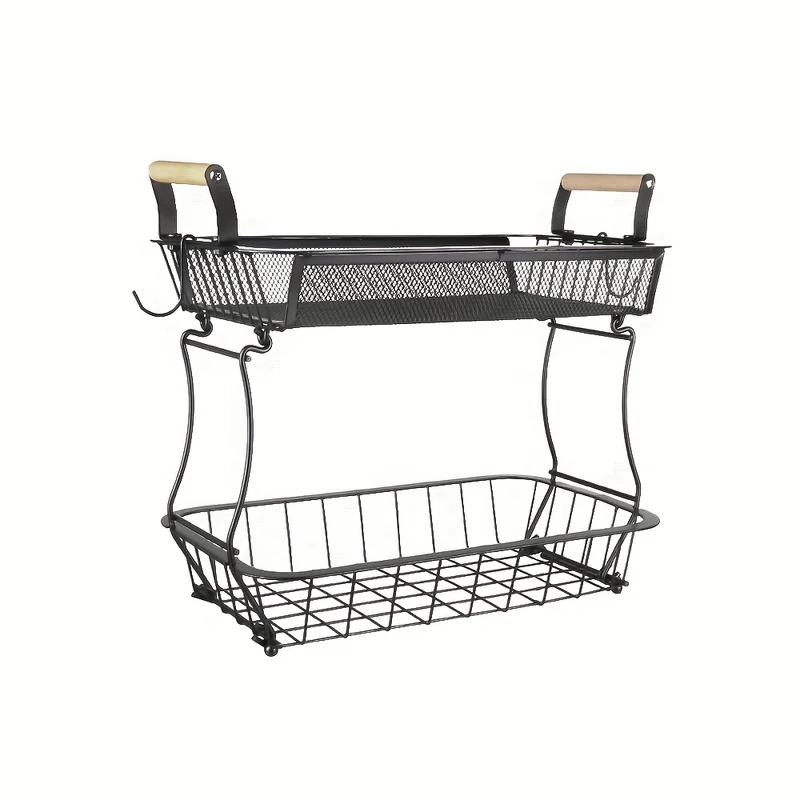 2-Tier Black Carbon Steel Spice Organizer with Wooden Handles | Multi-Purpose Kitchen & Bathroom Storage Basket for Countertop, Under Sink, Living Room | Durable Space-Saving Design (37x22x33cm)