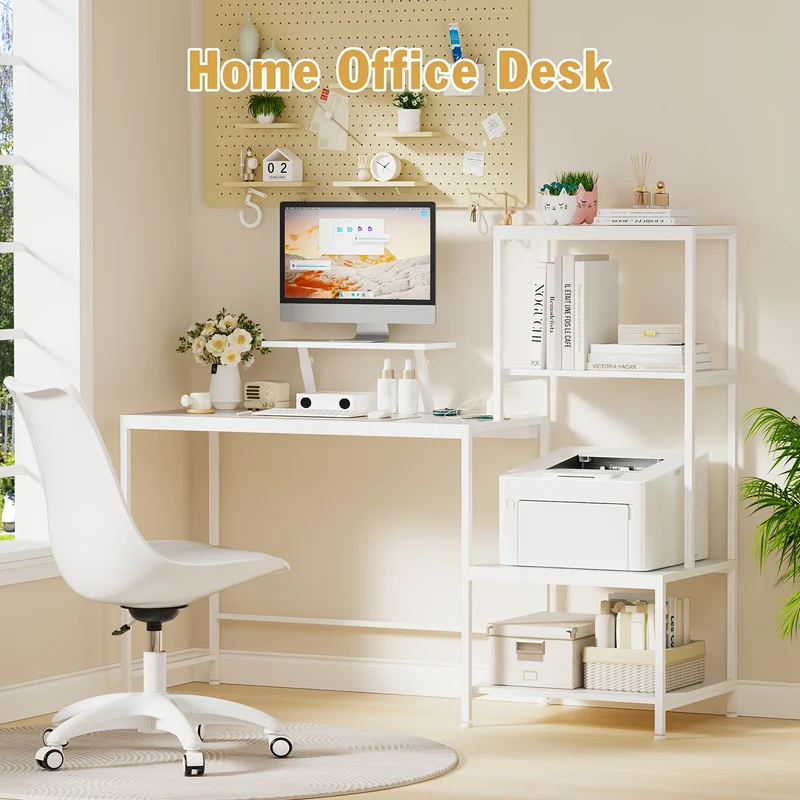 Ergonomic Study Desk With Storage Shelf & Monitor Stand - Solid Wood Desktop + Sturdy Metal Frame, White Space-Saving Design For Home Office/Bedroom/Dorm - Scratch-Resistant & Durable (152x48x75cm)