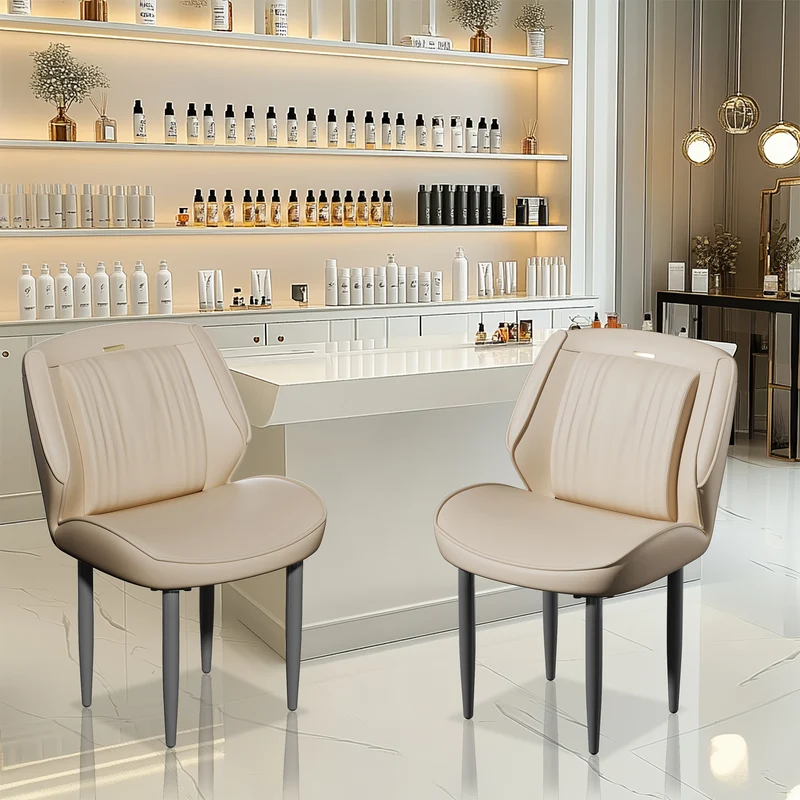 Fativo Set Of 2 Luxury Dining Chairs: Contemporary PUr Upholstered Seat Side Chairs Wide Backrest Light Khaki/ Dark Grey Dining Room Chairs With Armless Gun-gray Metal Legs For Bedroom, Restaurant, Beauty Salons, Hotels