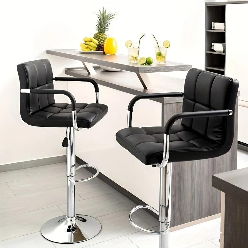 2pcs Faux Leather Bar Stools Set | 63.5cm To 83.82cm Adjustable Height Swivel Counter Stools With Padded Seat, Backrest & Footrest, Modern PU Kitchen Island Chairs For Home Bar, Cafe Style (Black)