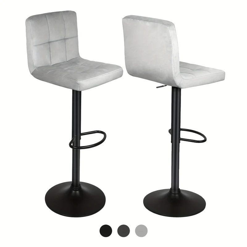 2pcs Heavy-duty Velvet Bar Stools With Footrest, Adjustable Swivel Chairs For 90cm Counters