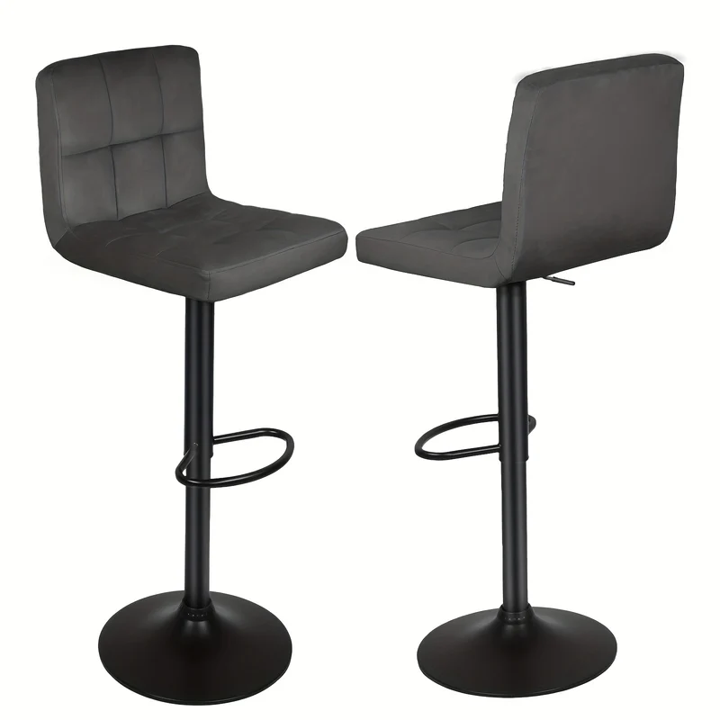 2pcs Heavy-duty Velvet Bar Stools With Footrest, Adjustable Swivel Chairs For 90cm Counters