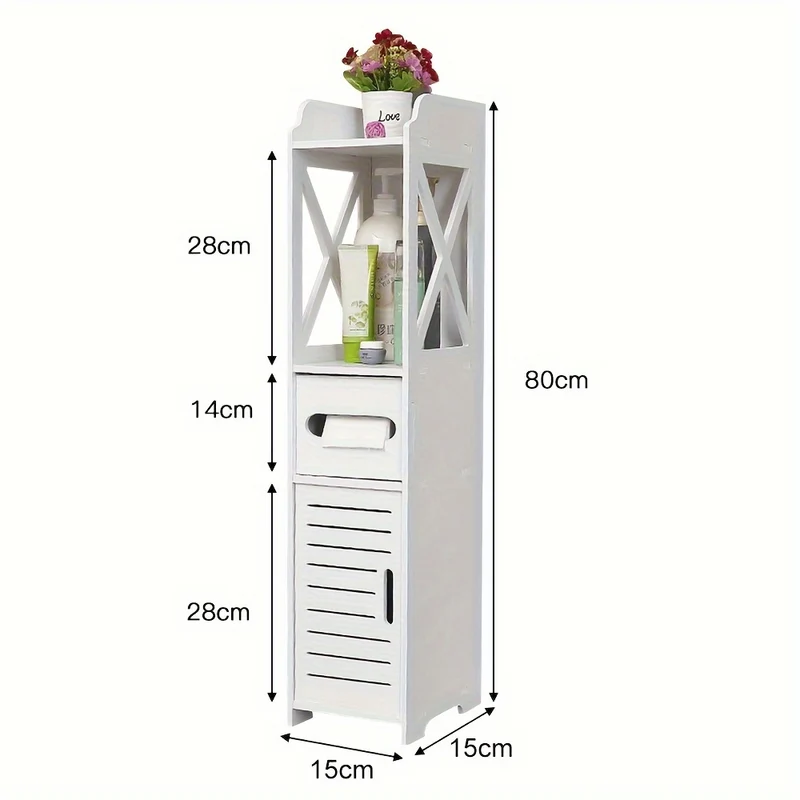 Badkamerkast – Opbergkast – Kolomkast – Opbergmeubel – Smalle Kast – Compact Ontwerp – PVC en Hardhout – 15x15x80 cm – Wit – Vrijstaand – Met Deur