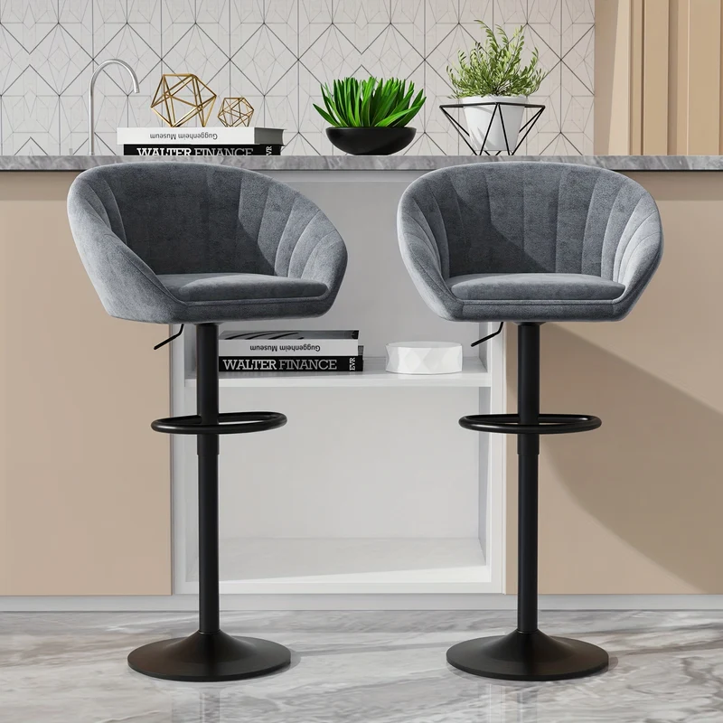 Barstoel – Barkruk – Barstoelen – Keukenstoel – Kruk – Set van 2 – Velvet Bekleding – Verstelbare Zithoogte 80-101 cm – 360° Draaibaar – Met Voetensteun