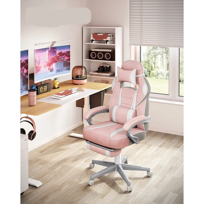 Gamingstoel – Gamestoel – Bureaustoel – Game Chair – Verstelbare Voetensteun – Ergonomisch Met Lendensteun – Maximale Draagkracht 150 kg – Pastelroze & Crèmewit