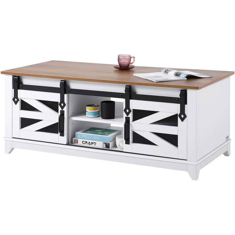 Salontafel – Koffietafel – Woonkamertafel – Bijzettafel – Tafel – 48 inch – Dubbel Blad Met Opbergruimte – Schuifdeuren Met Metalen Mesh
