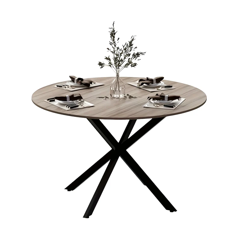 Ronde Houten Eettafel – Ronde Tafel – Eettafel – Vergadertafel – Koffietafel – X-Vormig Metalen Onderstel – Diameter 120 cm – Bruin Hout