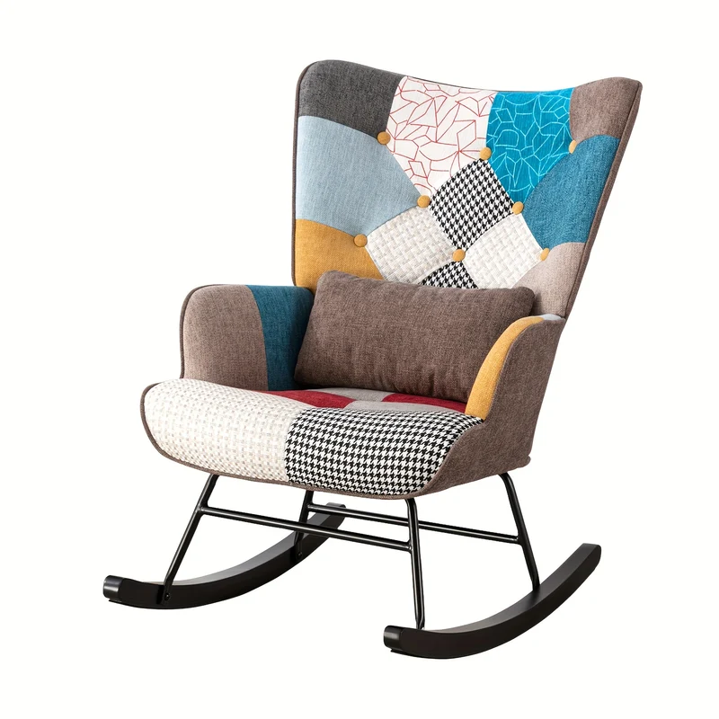 Schommelstoel – Schommelstoel Met Vleugelrug – Relaxstoel – Fauteuil – Schommelzetel – Patchwork Design – Velvet Bekleding – Beukenhouten Frame – Hoogwaardig Schuim – Antislip Poten – Spot-Clean Onderhoud