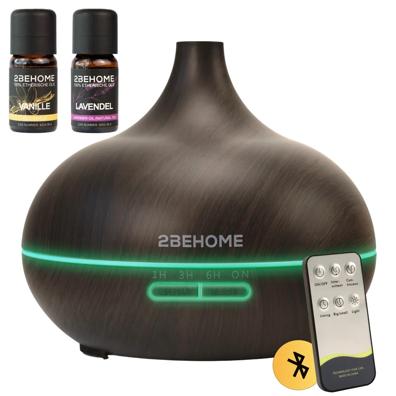 2BEHOME Aroma Diffuser 550ML met Afstandsbediening - Incl. 2 Etherische Oliën - Donkere houtlook