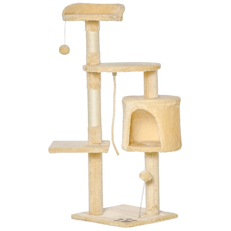 Kattenkrabpaal - Krabpaal - met Huisje - Meerdere Niveaus - Platforms en Speelballen - 114 cm Hoog - Stevig en Duurzaam - Beige