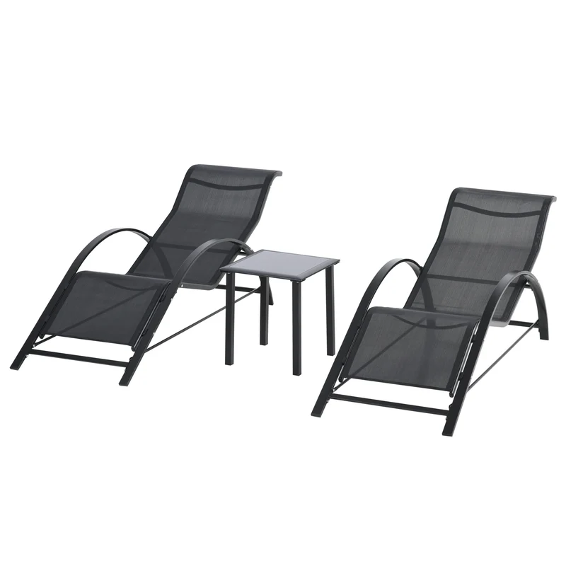 Ligstoel - Set van 2 - Ligstoel Tuin - met Bijzettafel - Weerbestendig - Ademend Textileen - Voor Tuin, Terras en Balkon - 59x169x66cm - Zwart