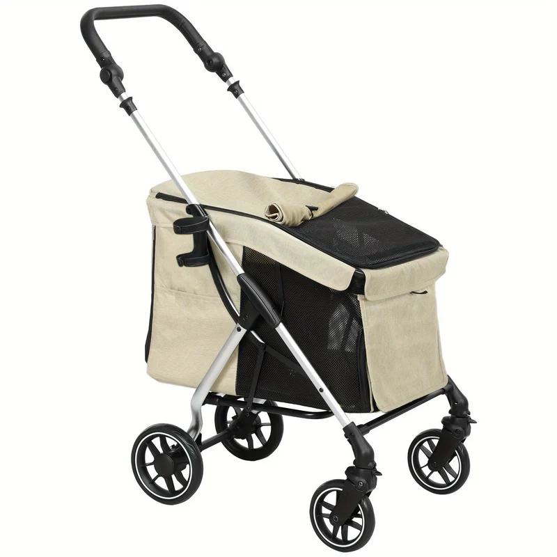 Hondenbuggy – Hondenwagen – Kattenbuggy – Dierenbuggy – Wandelwagen – Lichtgewicht Aluminium – Inklapbaar – Geschikt Tot 10 kg – Met Kussen – Ventilerende Mesh Ramen – Opbergbak – Khaki