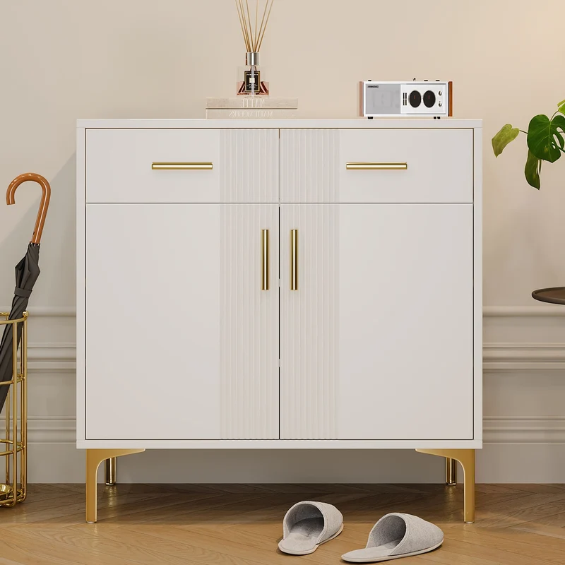 Dressoir – Kast – Sideboard – Ladekast – Opbergmeubel – Wit – Metalen Handgrepen – 80x35x79,5 cm – Twee Deuren en Twee Lades