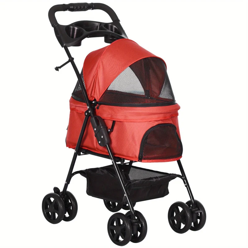 Huisdierwagen – Hondenbuggy – Kattenbuggy – Dierenwagen – Wandelwagen – Opvouwbaar – IJzeren Frame – 360° Draaibare Voorwielen – Remmen Achterwielen – Ventilerend Mesh – Ruime Opbergruimte – Lichtgewicht Rood