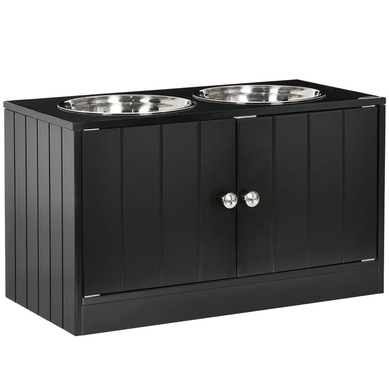 Hondenvoerstation – Voederstation – Voerbak – Hondenbak – Hondenvoerplek – Verhoogd Ontwerp – 2 RVS Kommen & 44L Opbergruimte – Magnetische Deuren – Zwart Hout & Glas