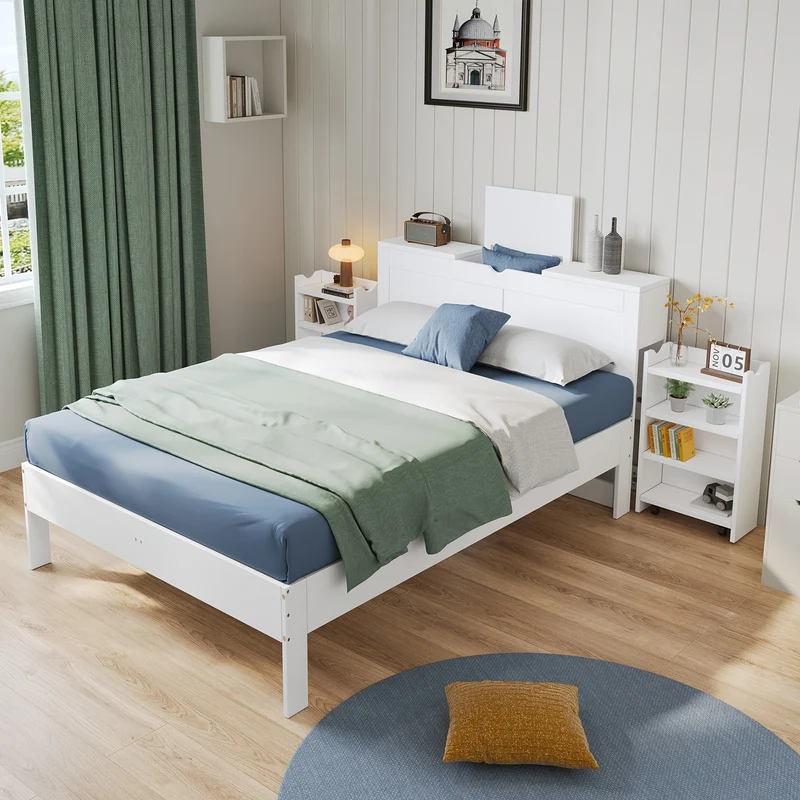 Bedframe – Tweepersoonsbed – Slaapbank – Kinderbed – Meubel – Wit – Bamboe Materiaal – Hoofdeinde Met Opbergruimte