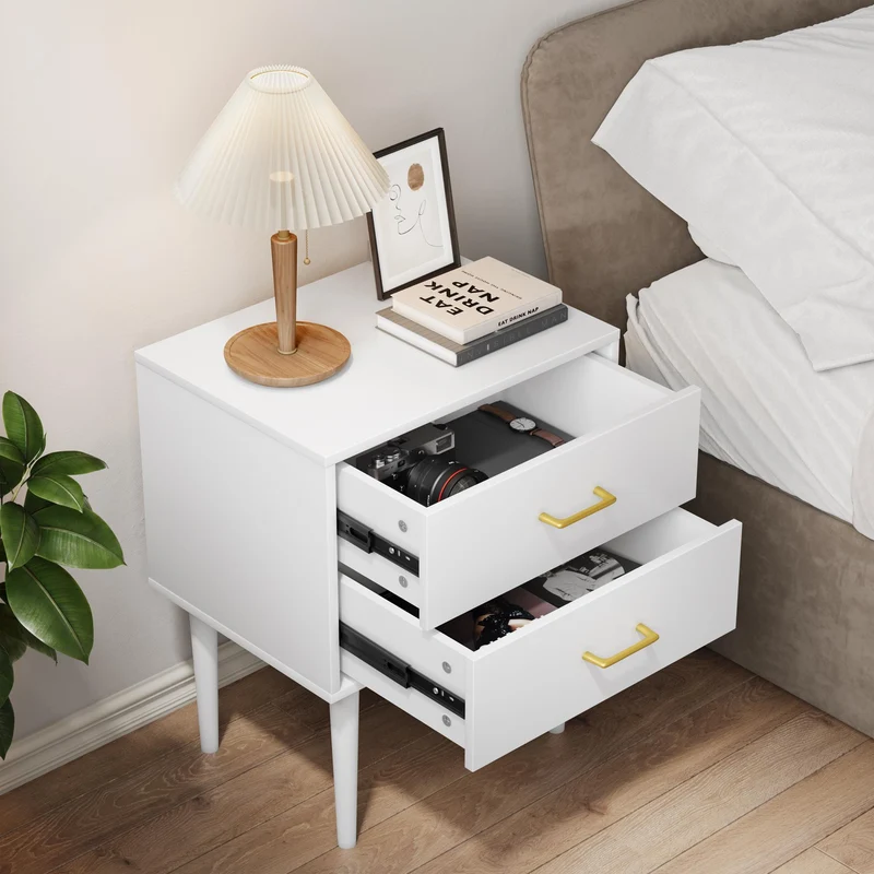 Nachtkastje – Ladekast – Bijzettafel – Nachtkast – Opbergkast – Modern Wit – 2 Laden – Houten Poten – Gouden Handgrepen