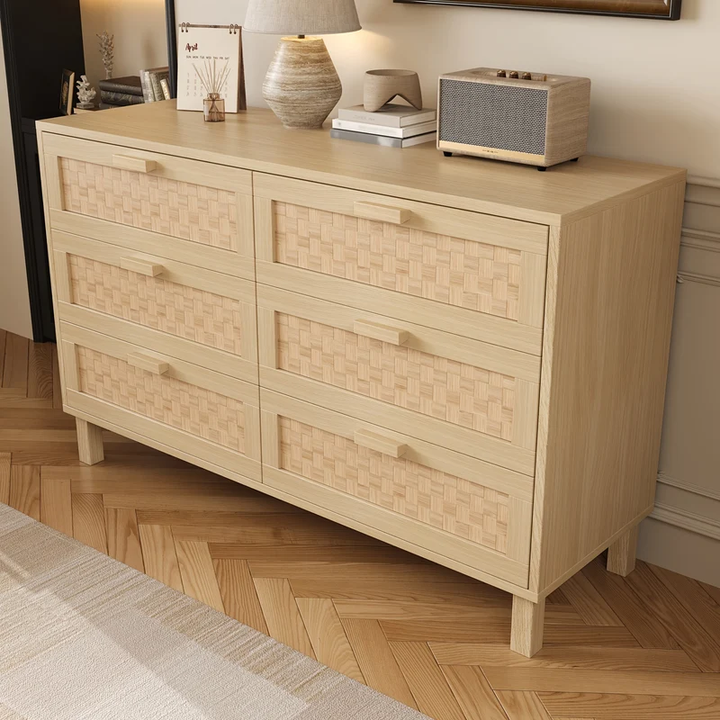 Ladekast – Ladenkast – Commode – Opbergkast – Kast – Bamboe met rieten frontjes – 6 lades, 3,2 kubieke voet opbergruimte – 69 cm hoog, eenvoudig te monteren