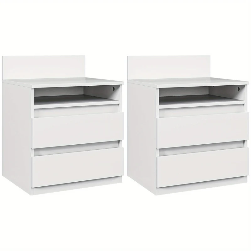 Nachtkastje – Nachtkastjes – Bijzettafel – Ladekastje – Opbergkast – Set van 2 – Wit MDF – 2 Lades met Open Vak – Compact & Duurzaam