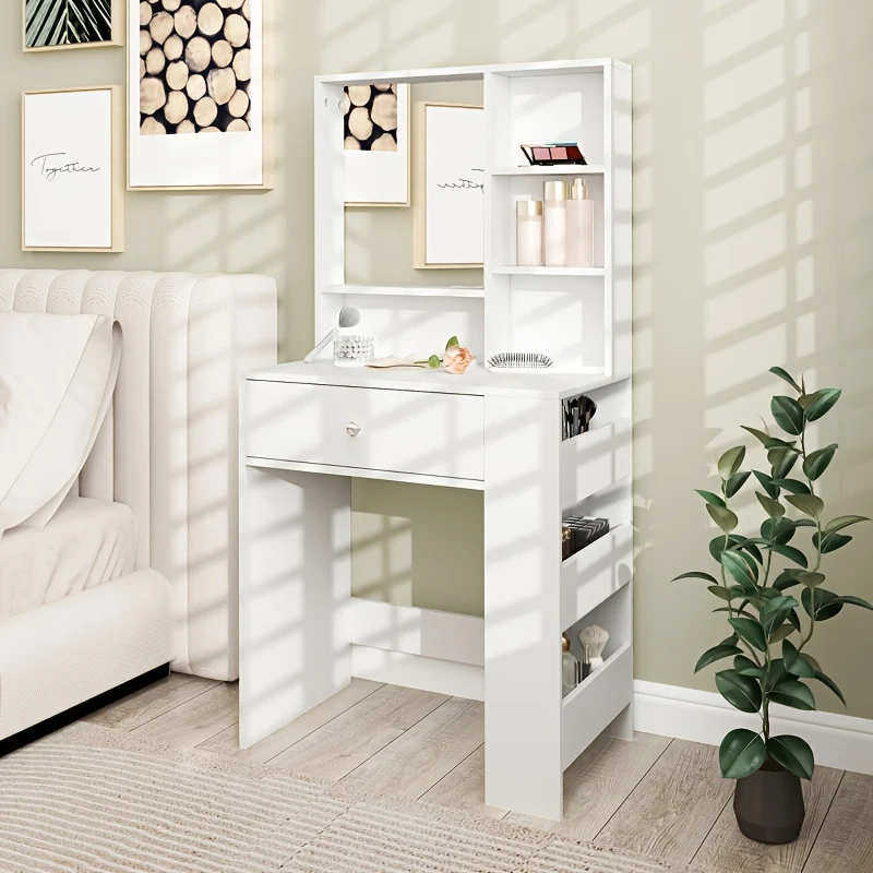Moderne Kaptafel – Dressoir – Toiletmeubel – Make-uptafel – Vanity – Witte Bamboo Kaptafel – Compact Design – 3-zijdige Spiegel – Duurzaam Bamboe – 3,2 Kubieke Voet Opbergruimte