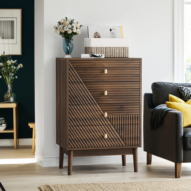 Ladenkast – Ladekast – Dressoir – Kommode – Opbergkast – Modern Bamboe – 4 Lade – 3,2 Kubieke Voet Opbergruimte – 68,5 cm Hoogte – Vrijstaand Met Gouden Handgrepen – Geen Montage