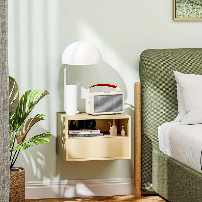 Zwevend Nachtkastje – Wandkastje – Hemelbed Kastje – Aan De Muur Nachtkastje – Natuurlijke Kleur – Bamboe Materiaal – Ruimtebesparend Design