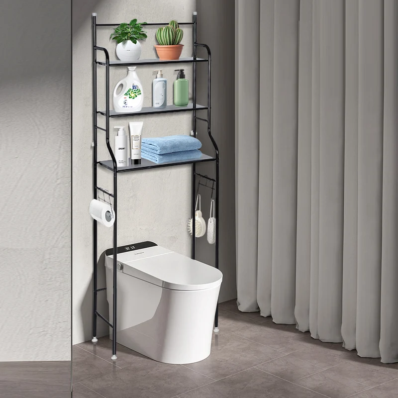 Toiletkastje – Badkamerkastje – WC Kastje – Opbergkast – Toiletmeubel – Zwart Metalen Frame – 165x55x26 cm – 3 Ruime Planken