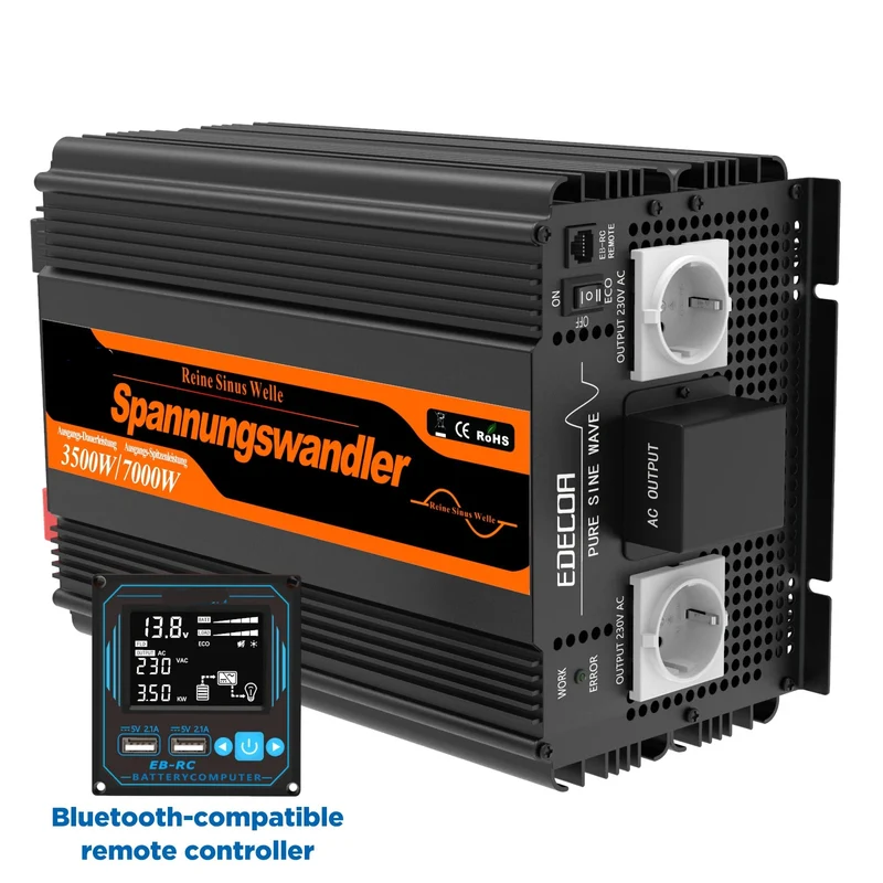 Zuivere Sinus Omvormer – Inverter – Stroomomvormer – 12V Naar 230V – 3500W Continu Vermogen – Bluetooth Afstandsbediening