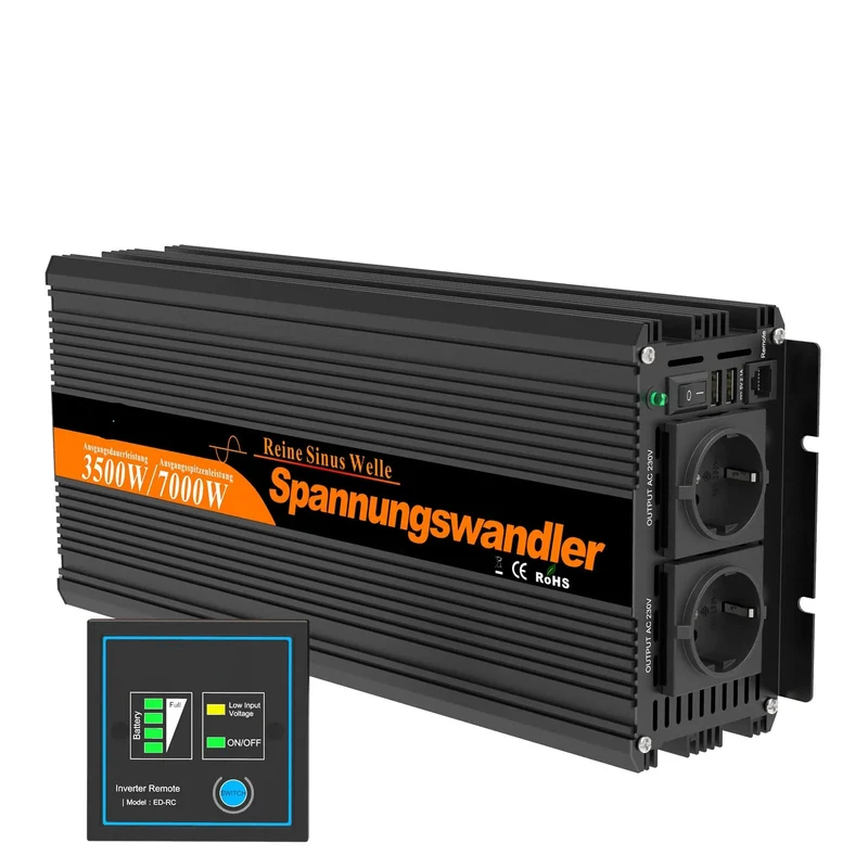 Omvormer – Stroomomzetter – DC Naar AC Converter – Power Inverter – Spanningsomzetter – Pure Sinusgolf – USB Uitgangen - 3500W - 12V