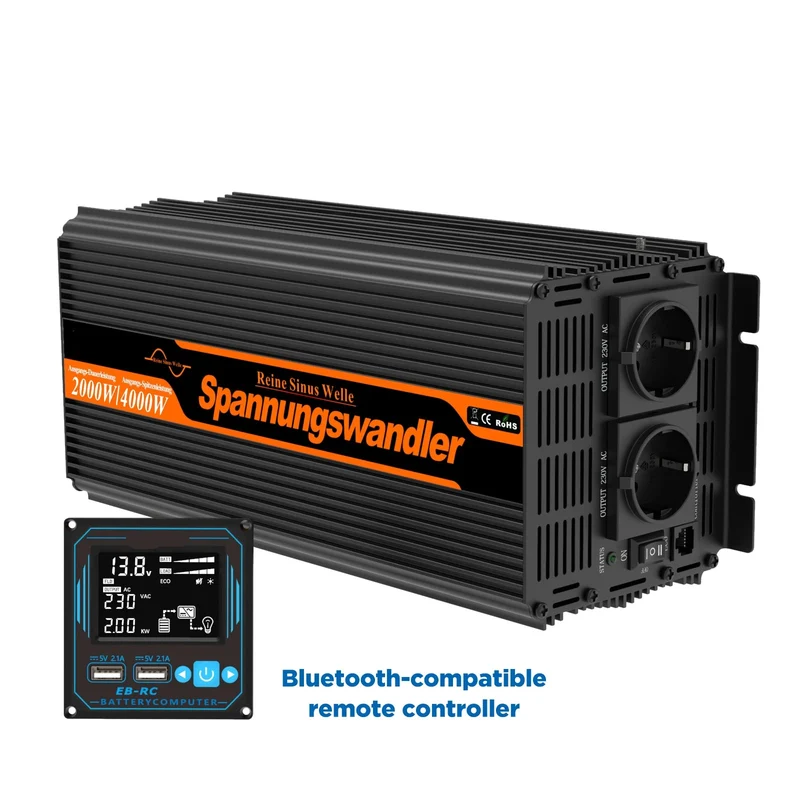 Omvormer – Stroomomzetter – Spanningsomzetter – 12V Naar 220V – 2000W Continu Vermogen – Pure Sinusgolf Uitgang