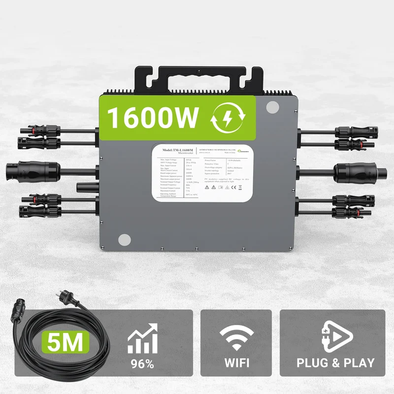 Micro-omvormer – Zonne-omvormer – Solar Inverter – Zonne-energie Omvormer – 1600W Vermogen – 4 MPPT Trackers – IP67 Waterdicht - Met AC kabel