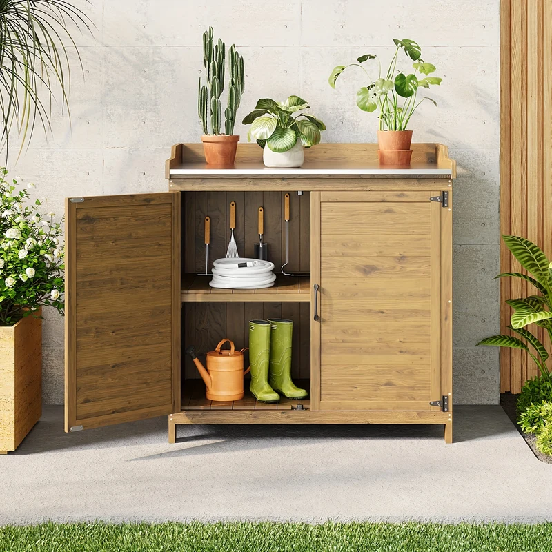 Buitenwerkbank – Tuinwerkbank – Werktafel – Opbergkast – Pottafel – Stevig Houten Frame – Metalen Werkblad