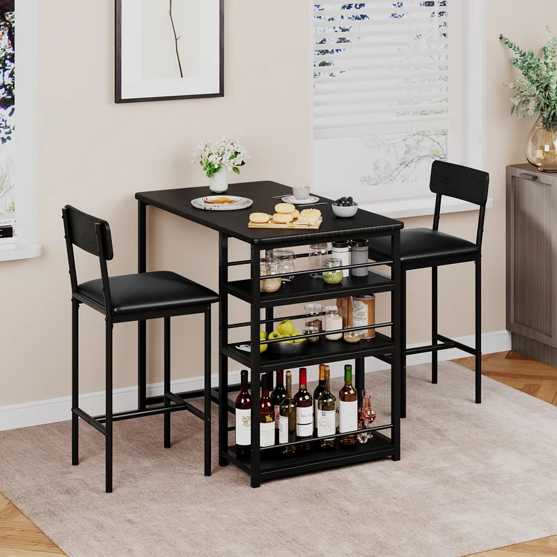 Barstoel – Barkruk – Barstoel Kruk – Barkrukken – Barstoelen – 2-Persoons Bar Tafel Set – Met 3 Opbergrekken – Gestoffeerde Stoelen Met Rugleuning – Duurzaam MDF En Stalen Frame