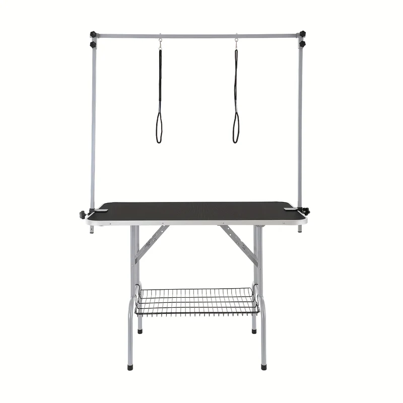 Trimtafel Hond – Trimbank Honden – Hondenverzorgingstafel – Grooming Tafel – Opvouwbare Verzorgingstafel – Dubbele Armen – Met Opbergrek – Stevig Metalen Frame – Roestvrijstalen Afwerking