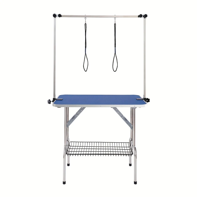 Opvouwbare Trimbank Honden – Trimmtafel – Grooming Tafel – Verzorgingstafel – Honden Tafel – Dubbele Verstelbare Armen – Robuust Metalen Frame – 116x46 cm – Opbergrek – Roestvrij Stalen Oppervlak