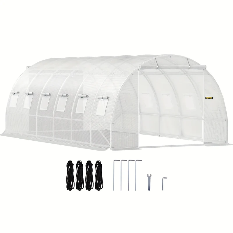 Kweekkas – Broeikas – Tuinkas – Tunnelkas – Serre – Groot 609,6x304,8x213,36 cm – Gegalvaniseerd Stalen Frame – 12 Oprolbare Ramen & 2 Ritsdeuren - Wit