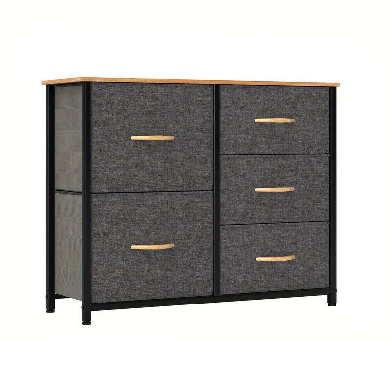 Ladekast – Dressoir – Opbergkast – Commode – Kast – Met 5 Stoffen Laden – Stabiel Metalen Frame & Houten Blad – Modern Donkergrijs