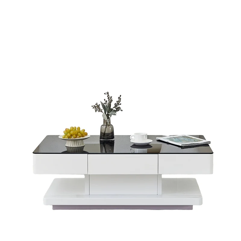 Salontafel – Koffietafel – Bijzettafel – Woonkamertafel – Sidetable – Hoogglans Zwart – 8 mm Gehard Glas – 2 Opberglades