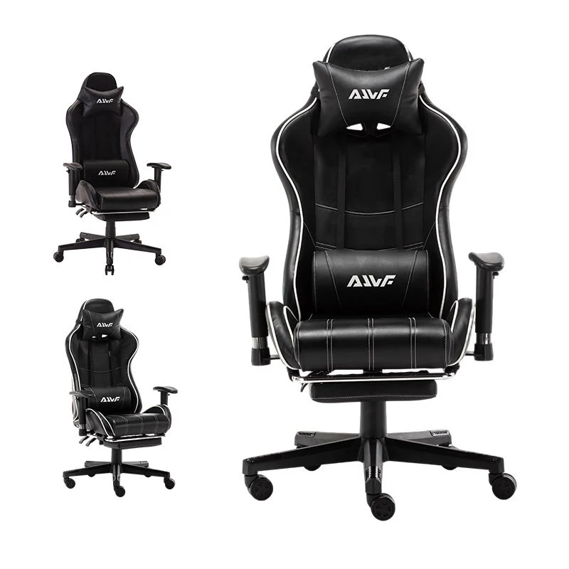 Gamingstoel – Game Stoel – PC Stoel – Bureaustoel – Racestoel – Ergonomische Lendensteun – Verstelbare Rugleuning met Voetensteun – Zwart Wit PU Leder