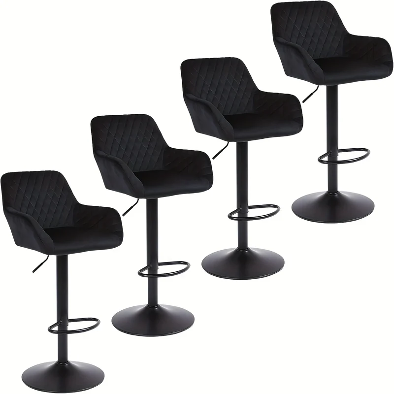 Barstoel – Barkruk – Barstoelen – Keukenstoel – Bistrostoel – In hoogte verstelbaar – 360° Draaibaar – Swan Velvet – Set van 4 – Rugleuning en Armleuning – Zwart – Draagkracht 150 kg