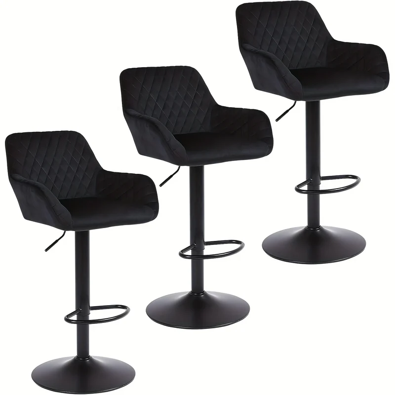 Barkrukken – Barstoelen – Krukken – Hoge Stoelen – Bistrostoelen – Set Van 4 Zwart – Verstelbaar – 360° Draaibaar – Zachte Velvet Bekleding – Met Arm- En Rugleuning
