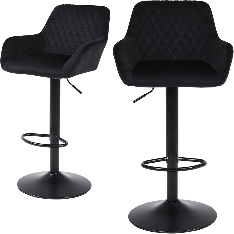 Barstoel – Barkruk – Barstoel Kruk – Barstoel Stoel – Barkrukken Set – Verstelbaar – Draaibaar – Met Rugleuning en Armleuningen – Fluwelen Bekleding – Max 150 kg – Zwart Grijs Bruin – Set van 4