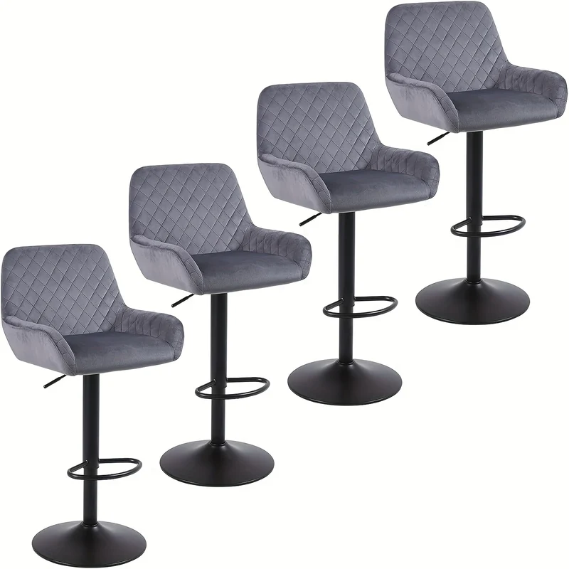 Barstoel – Barkruk – Barstoel Kruk – Barstoel Stoel – Barstoel Barkruk Set – Set Van 4 – Verstelbaar – 360° Draaibaar – Velvet – Met Rugleuning En Armleuningen – Max. 150 kg – Grijs