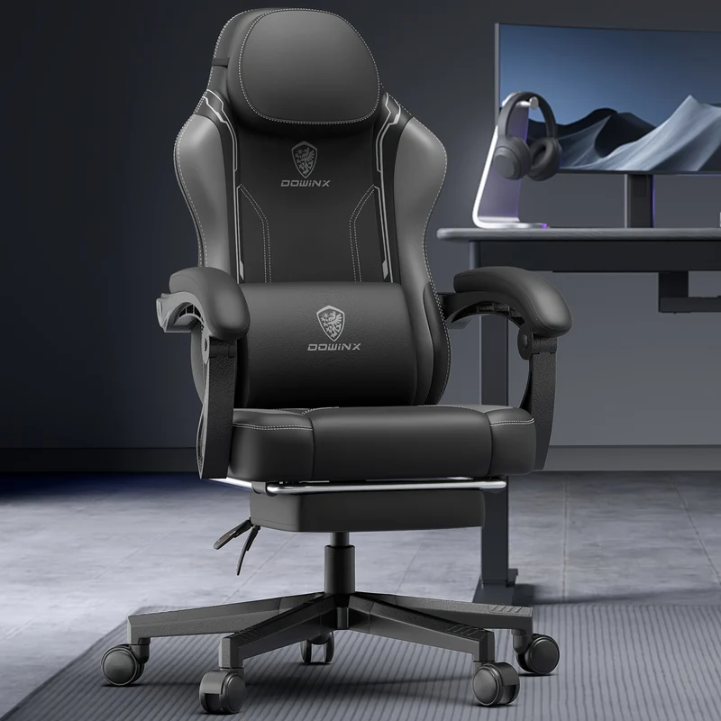 Ergonomische Gamingstoel – Gamestoel – Bureaustoel – Zwart Stoel – Fauteuil – Kunstleer Bekleding – Handmatig Verstelbare Rugleuning – Stevig Stalen Frame – Diepgrijs