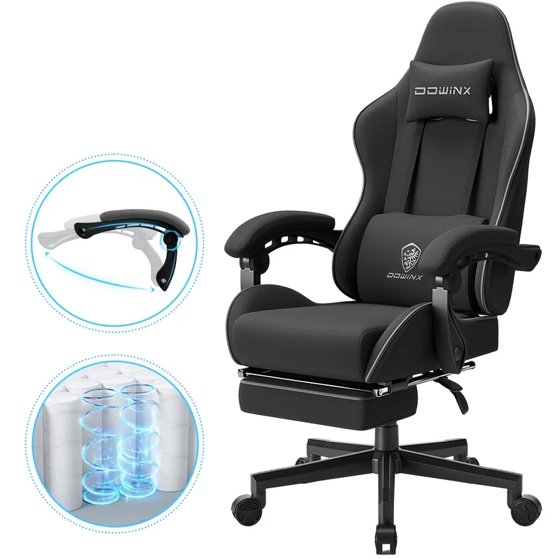 Gamingstoel – Gamestoel – Game Stoel – Gaming Chair – Bureaustoel – Ergonomische Hoge Rugleuning – Pocketvering Zitting – Ademend Katoen – Max Belastbaar 136 kg – Zwart